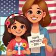 Happy Mother's Day cartoon image. Daughter giving her mother a gift.