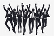 Happy business team celebrates success, rejoices in triumph and victory vector icon, white background, black colour icon