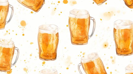 A seamless pattern of watercolor beer mugs. The mugs are filled with a light golden beer and have a white foam head.