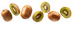 Kiwis in whole and sliced floating over isolated transparent background