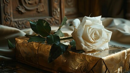 Poster - A stunning white rose accompanied by a gilded gift box perfect for Valentine s Day or a wedding