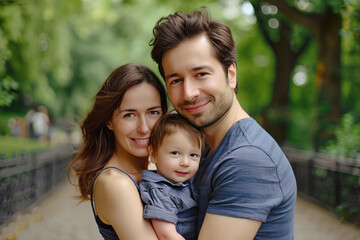 Wall Mural - Turkish traditional family of three portrait posing over outdoors background