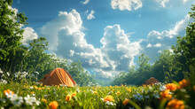 Spring Vibes With Tent In Colorful Bed Of Flowers And Grass With Cloudy Sky. Low Angle View