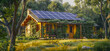 Rustic adorable house with solar panels on the roof, surrounded by greenery and trees. Eco friendly environment concept