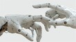White cyborg female and male robotic hands pointing his finger