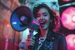 Smiling woman with megaphone, neon lights, joyful expression
