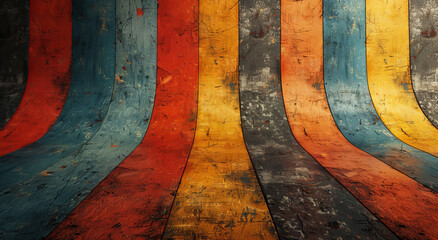 Color, retro and background pattern with lines, shape and curve for creative art wallpaper. Texture, space and vintage design, illustration or backdrop for rainbow paint, artwork or palette on wall