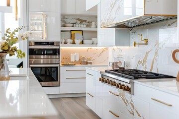 Poster - stylish modern kitchen interior design gold hardware white marble counters luxury home decor