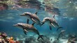 Dolphin Delight: Underwater View of a Family Swimming and Leaping Joyfully