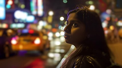 Wall Mural - Young Indian American woman wearing a scarf and winter clothes standing on a busy New York city street at night