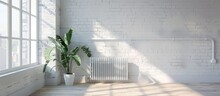 White Heating Radiator In An Apartment Against A Pale Brick Wall