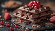 Decadent Chocolate Bars with Raspberries on Dark Background
