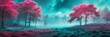 teal foggy fantasy forest landscape background from Generative AI