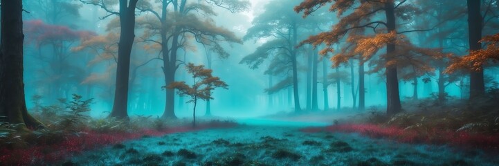 Wall Mural - teal foggy fantasy forest landscape background from Generative AI