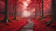 red theme fantasy forest landscape with pathway and dense trees background from Generative AI
