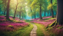 Summer Spring Theme Fantasy Forest Landscape With Pathway And Dense Trees Background From Generative AI