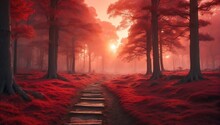 Sunset Red Theme Fantasy Forest Landscape With Pathway And Dense Trees Background From Generative AI