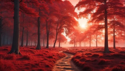 Wall Mural - sunset red theme fantasy forest landscape with pathway and dense trees background from Generative AI