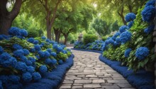 Royal Blue Flowers Trees And Bushes Landscaping In Park With Alley Stone Walkway Path From Generative AI