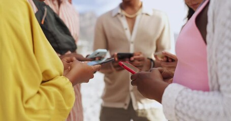 Poster - Typing, online and group outdoor with phone for communication on social media, app or post. Share, contact and information on internet from people writing or hands scroll and click on smartphone
