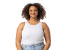 Biracial young female plus size model standing on white background, wearing white tank top and jeans