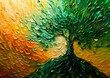 tree green leaves yellow background swirly ripples magic mind bending geometry oil thick impasto technique vibrant whirlwind liquid sculpture