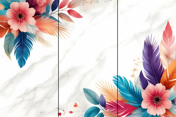 Wall Mural - Home panel wall art three panels, colorful marble background with flowers and feathers silhouette