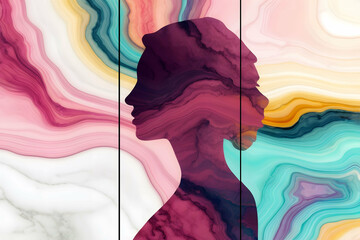 Wall Mural - Home panel wall art three panels, colorful marble background with woman silhouette