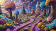 A colorful fantasy world with a path leading through it
