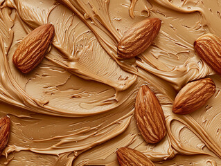 Wall Mural - A close up of a jar of peanut butter with a few almonds scattered throughout