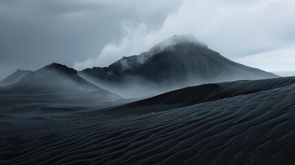 Wall Mural - Dramatic black sand dunes rising against a backdrop of mountain silhouettes and cloudy skies