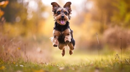 Wall Mural - Domestic dog leaping joyfully into the air with boundless energy and excitement, Ai Generated