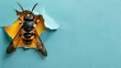 A humorous hornet peers through a ripped hole in a contrast pastel color paper background, Ai Generated