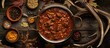 © Lasvu - Copper pot containing venison goulash stew with seasoning bowls on a wooden surface, surrounded by deer antlers and leaves.
