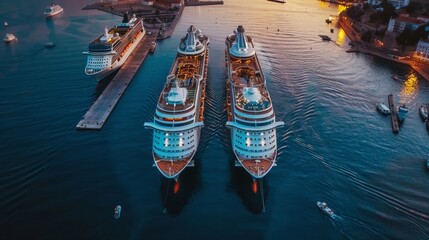 Wall Mural - Aerial top view photo of top deck swimming pool in large cruise ship liner crusing in popular destination port