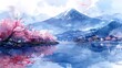 Mountain Fuji in spring with river and japanese sakura cherry blossom tree, tranquil watercolor painting 