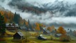 © kovalovds - A village in the mountains is covered in fog. A flawless foggy landscape. Calm background. Generative AI