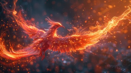 Wall Mural - A majestic phoenix reborn from digital ashes in a blaze of holographic flames