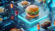 Hamburger on electronic digital circuit board. Future of the food industry. Futuristic world of virtual reality. ai generative