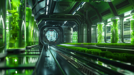 Futuristic Agricultural algae seaweed farm future of food. Healthy and sustainable food, feed, and biofuel production. Generative AI.