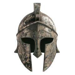 An old and worn ancient greek spartan warrior iron helmet  with a black face and a gold rim isolated on transparent background.