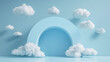 3d render blue background with white clouds flying in front of circle shape. Minimal scene empty, blank for mockup product display with copy space for text	
