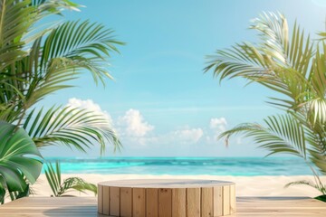 Summer product display on wooden podium at sea tropical beach - generative ai