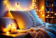 A knitted pillow surrounded by fairy lights creating a dreamy