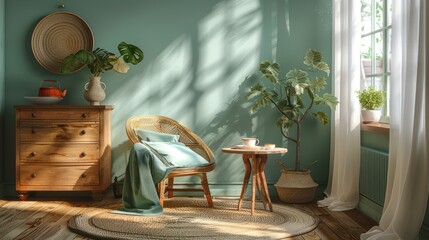 A small round table with a tea set on it, next to the wall is an empty dresser. In front of the dresser is a chair and window with white curtains. The modern interior design features sage