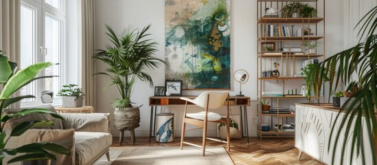 Sticker - Chic Scandinavian living room featuring designer furniture, green plants, a bamboo bookshelf, and a wooden desk. The floor has a brown wooden parquet,