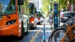 © Justlight - A city street lined with ecofriendly public transportation options including electric buses bike sharing stations and electric car rental services demonstrating a commitment to sustainable .