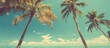 Vintage-filtered coconut trees on a tropical coastline under a clear blue sky, with a retro summer vibe.