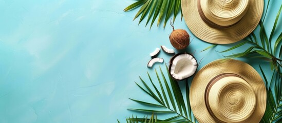 Canvas Print - Summer-themed arrangement featuring tropical palm leaves, a sun hat, and a coconut set against a soft blue backdrop. Depicting the essence of summer with a flat lay presentation, top view,