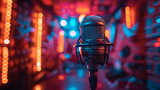 Fototapeta  - Studio microphone with vibrant neon lights, representing music production and modern recording arts.
